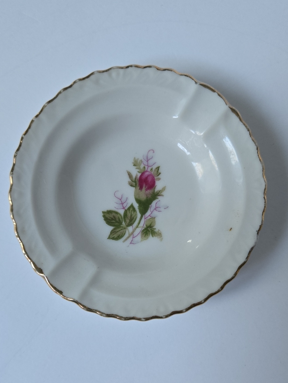Porcelain Floral Ashtray with Pink Rose Motif and Gold Trim From Japan